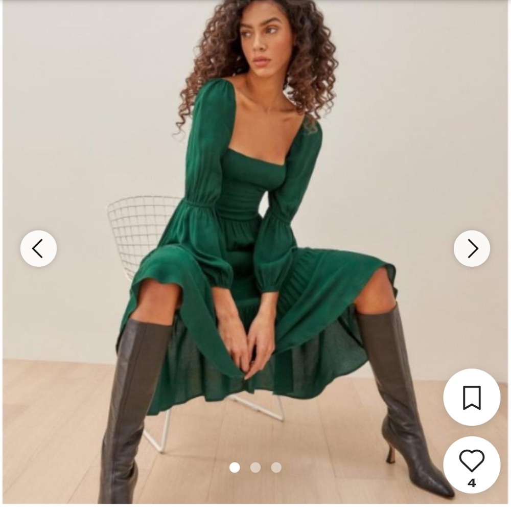 New Reformation Mica Puff Long Sleeve Emerald Green Midi Dress Sz 8 Square Neck - Picture 4 of 11